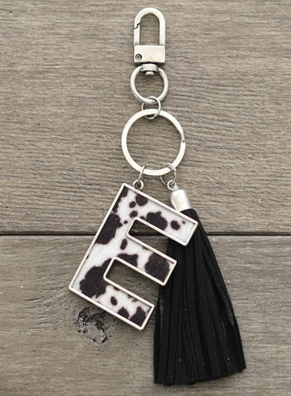 Black Cowhide Print Initial Keychain - chain, charm, cow, cowhide, cowprint, inital, key, keychain, little, purse - Necklaces - Baha Ranch Western Wear