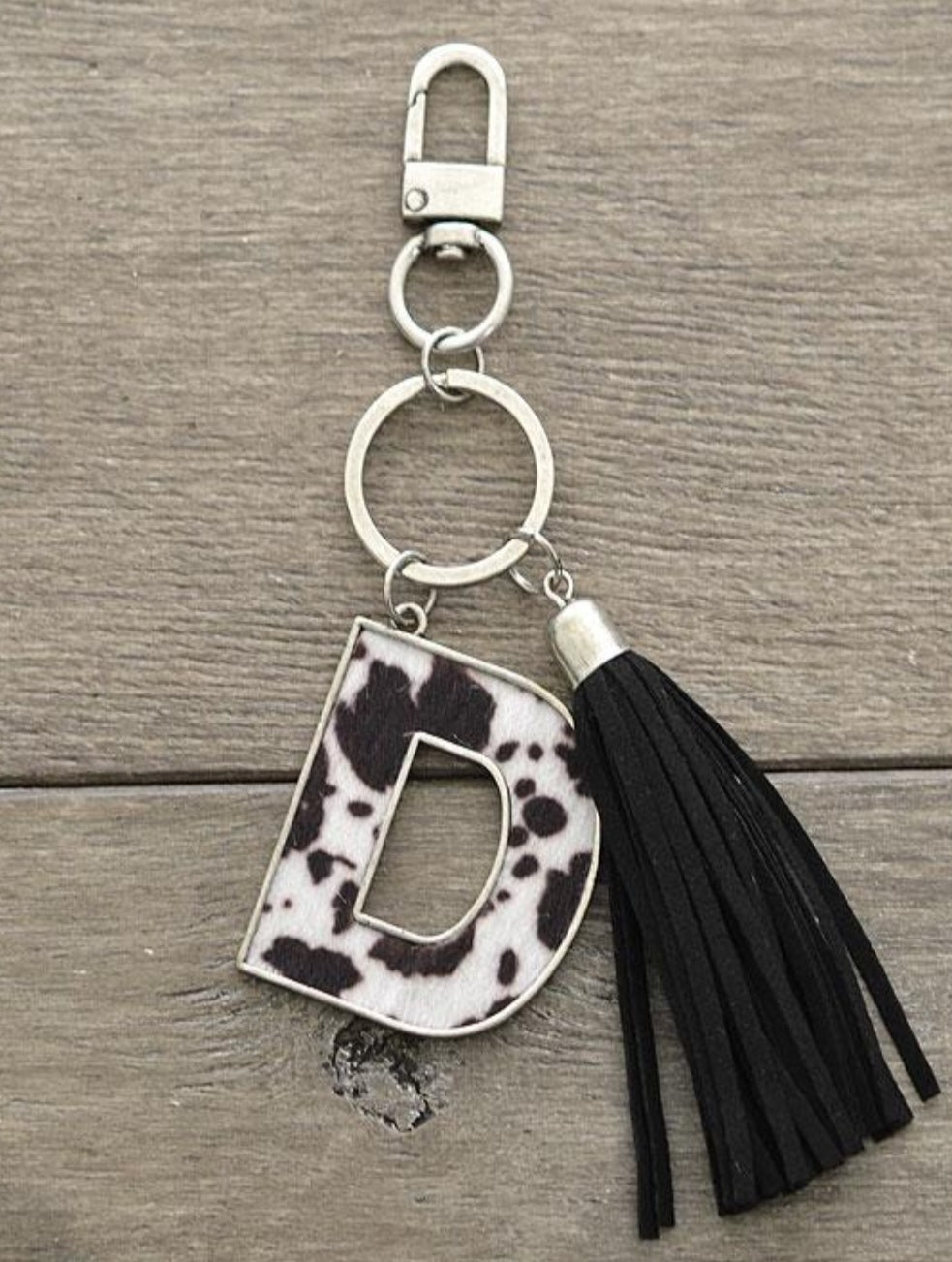 Black Cowhide Print Initial Keychain - chain, charm, cow, cowhide, cowprint, inital, key, keychain, little, purse - Necklaces - Baha Ranch Western Wear