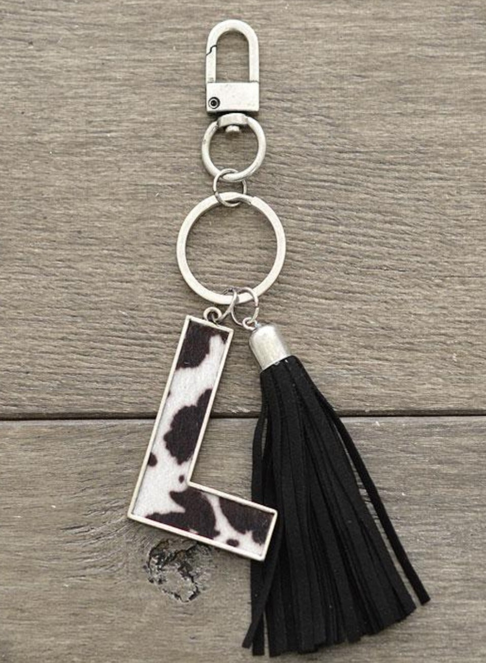 Black Cowhide Print Initial Keychain - chain, charm, cow, cowhide, cowprint, inital, key, keychain, little, purse - Necklaces - Baha Ranch Western Wear