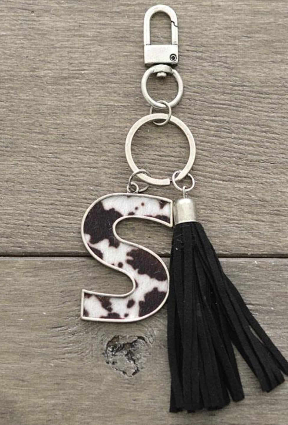 Black Cowhide Print Initial Keychain - chain, charm, cow, cowhide, cowprint, inital, key, keychain, little, purse - Necklaces - Baha Ranch Western Wear