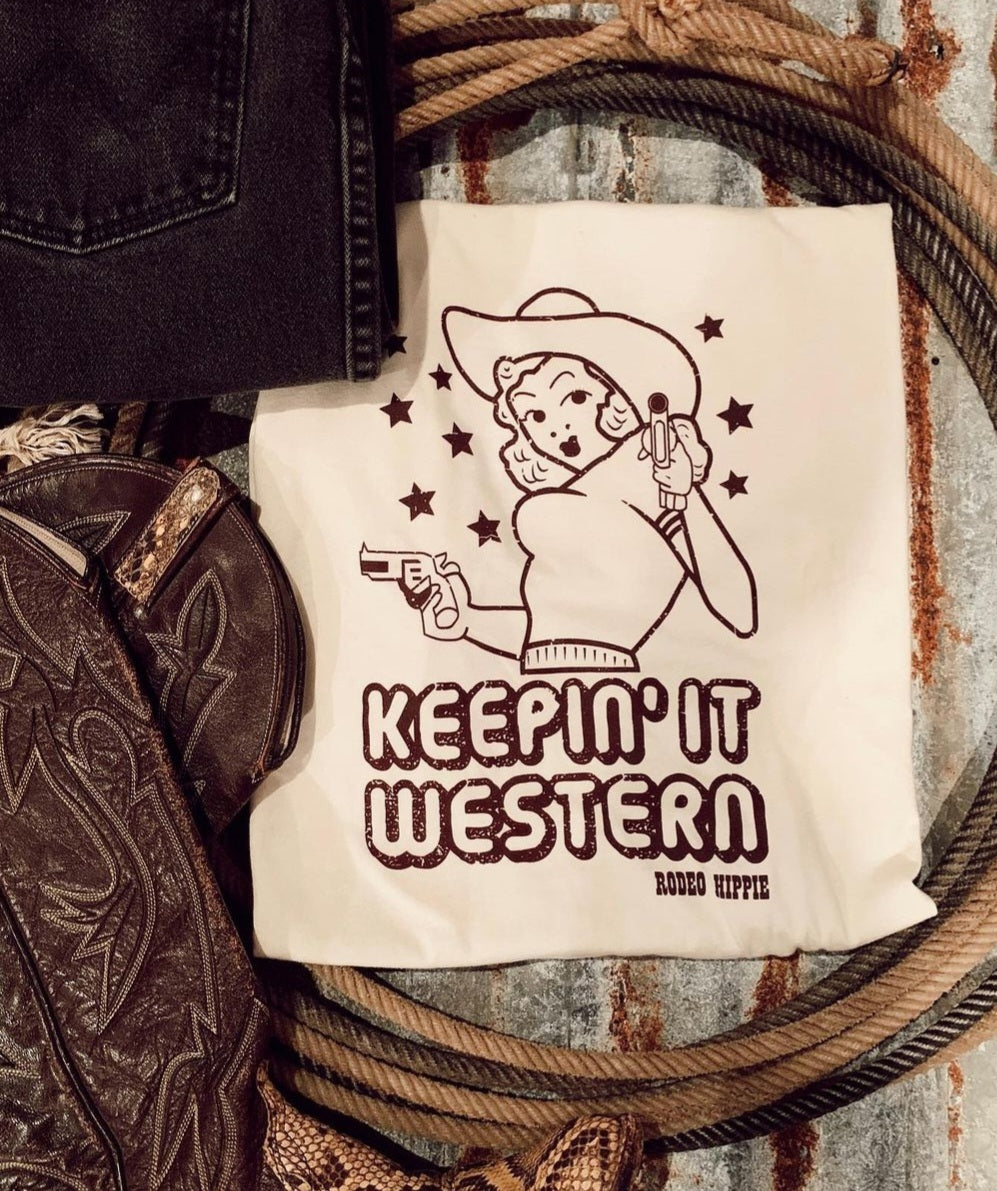 Keepin it Western PRE ORDER! - beer, beer drinkin, club, country, cowboy, cowboys, cowgirl, drinkin, graohic, graohictee, graphic, graphic t, graphic tee, graphic tees, graphic top, graphict, hell, hippie, it, keepin, keeping, member, raise, rodeo, shirt, t, te, tee, tees, western - Shirts & Tops - Baha Ranch Western Wear