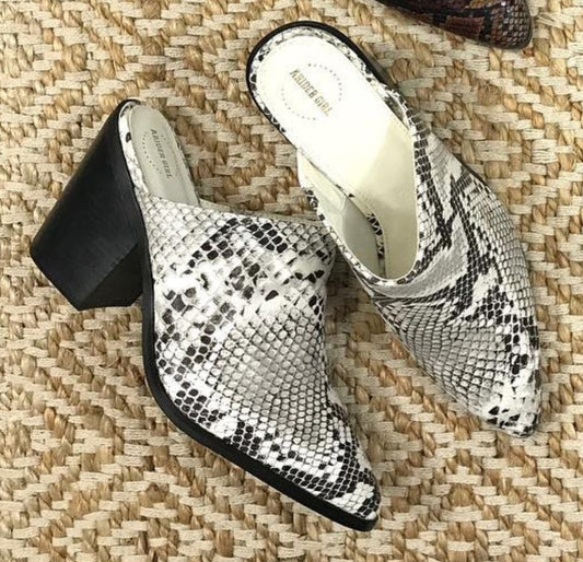 Mercedes Python Print Mules - #wholesaleacc, boho, clogs, mules, python, shoes, snake, western -  - Baha Ranch Western Wear