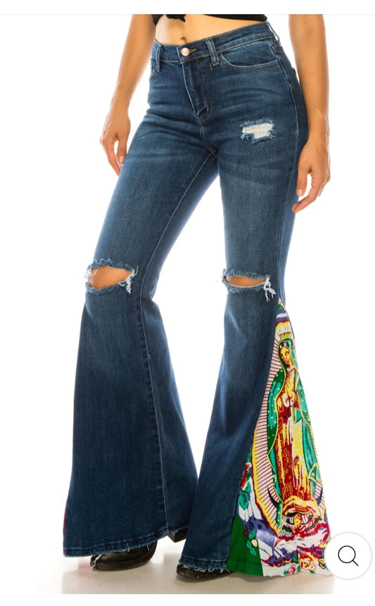Lady of Guadalupe Flare Jeans  33-34" inseam - bell, bells, bottom, botttoms, catholic, cowgirl, distressed, flag, flared, flaredjeans, flares, guadalupe, jeans, lady of guadalupe, nfr, ripped, rodeo -  - Baha Ranch Western Wear