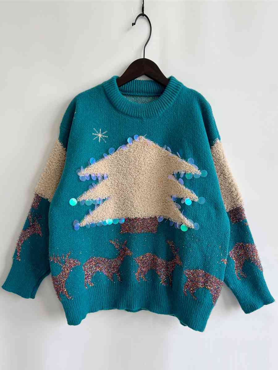 Sequin Christmas Tree & Reindeer Round Neck Sweater choice of colors