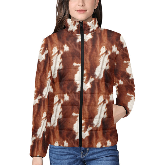 Brown Cow Print Women's Puffy Bomber Jacket