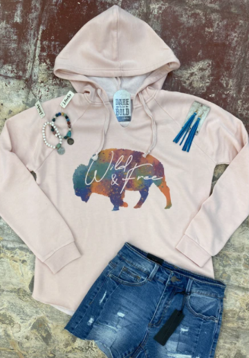 Wild & Free Sweatshirt - bison, bronc hoodie, buffalo, cowgirl, headdress, hoodie, indian, rodeo, southwestern, western, WESTERNHOODIE -  - Baha Ranch Western Wear