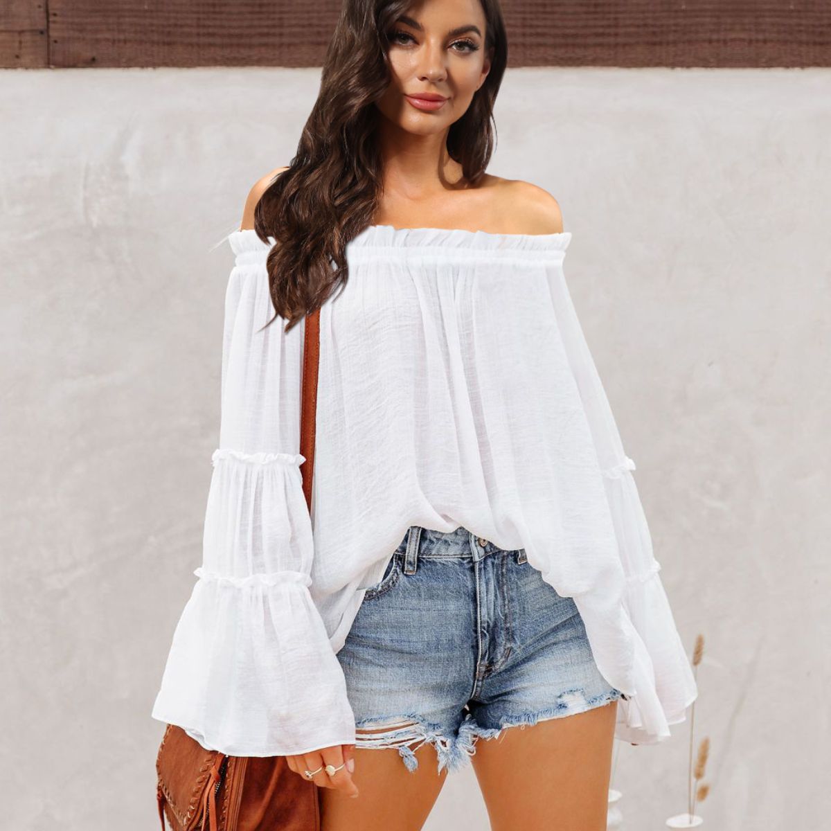 Off-Shoulder Frill Trim Blouse  choice of colors
