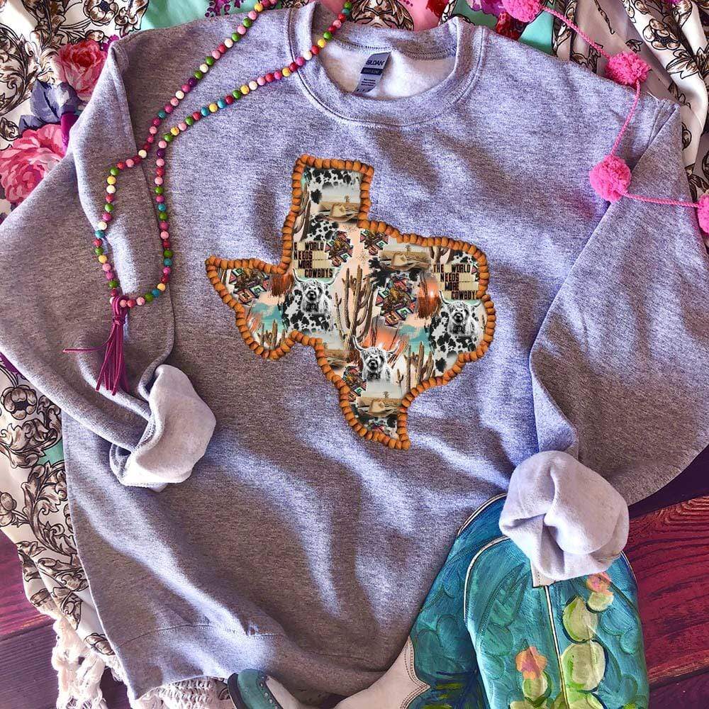 Texas Western Collage Sweatshirt - a, collage, cow, cowgirl, graphic, gray, gray sweatshirt, head, number, shirt, southwestern, sweat shirt, sweatshirt, tag, take, take a number, texas, unisex, unisex fit, western, western design -  - Baha Ranch Western Wear