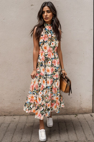 Country Girl Floral Tiered Pocketed Mock Neck Midi Dress