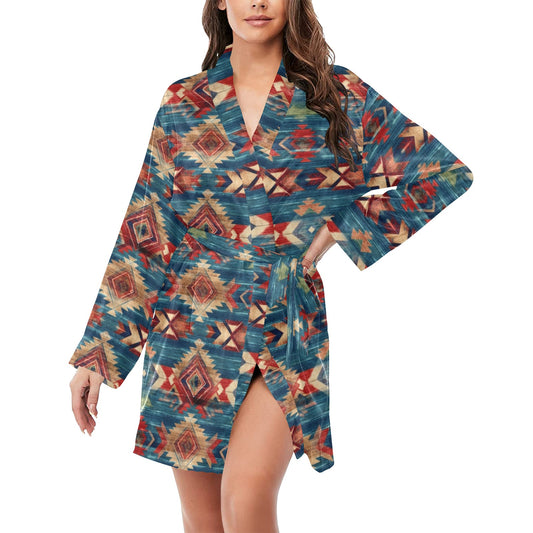 Blue Aztec Women's Long Sleeve Belted Satin Feel Dressing Lounge Robe