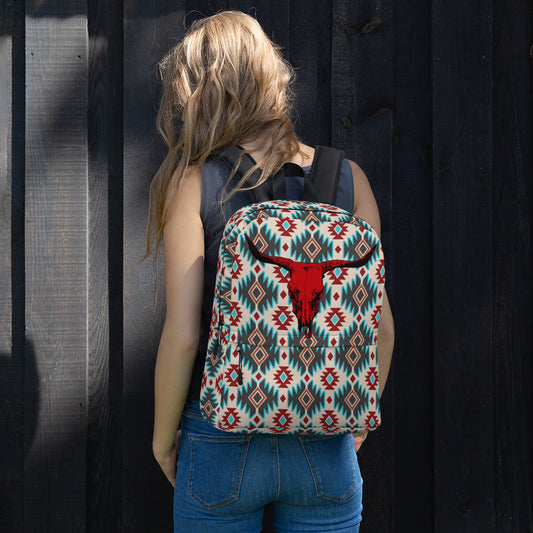 Red Skull Aztec Backpack - aztec print, back pack, Backpack, bull, bull skull, rred bull -  - Baha Ranch Western Wear