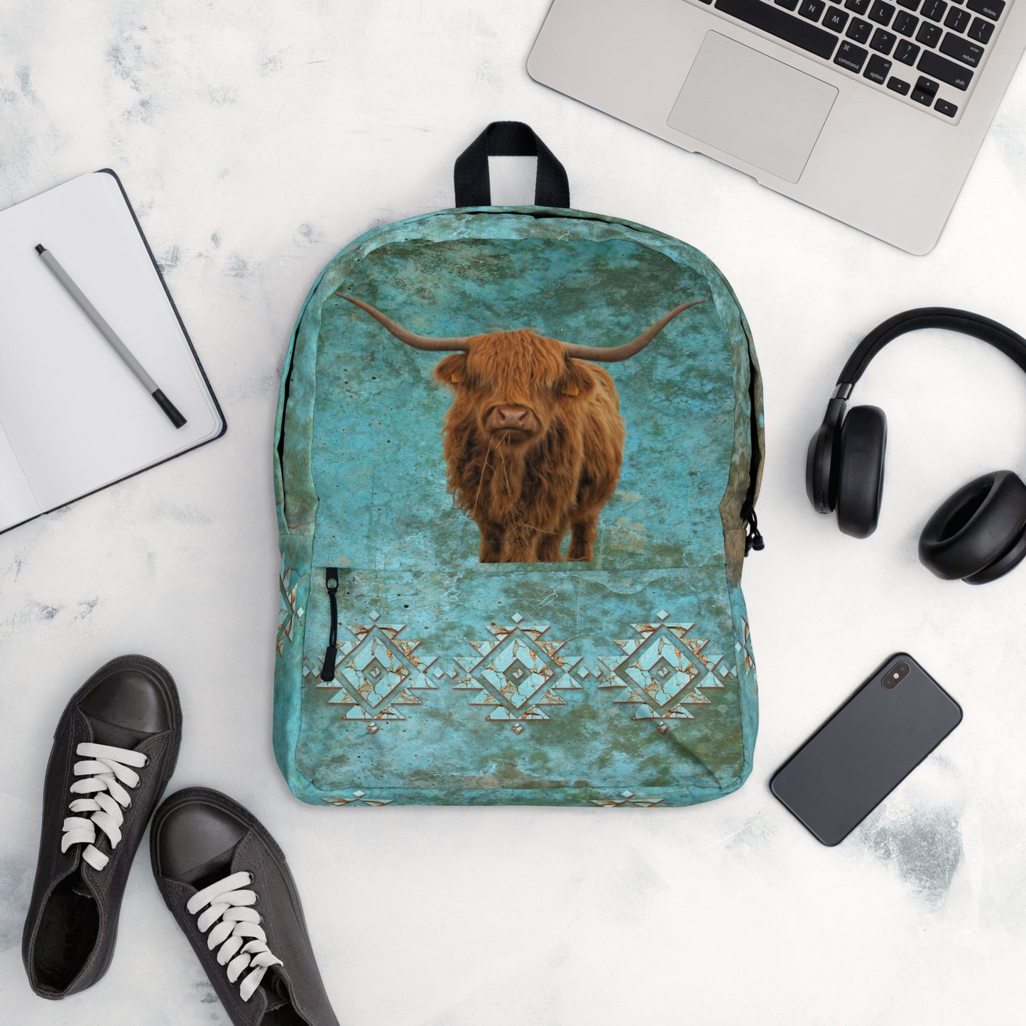 Turquoise Highland Cow Backpack - backpack, hairy cow, highland, highland cow, turquoise, turquoise print -  - Baha Ranch Western Wear