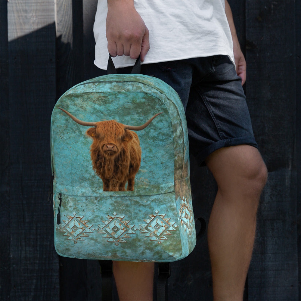 Turquoise Highland Cow Backpack - backpack, hairy cow, highland, highland cow, turquoise, turquoise print -  - Baha Ranch Western Wear