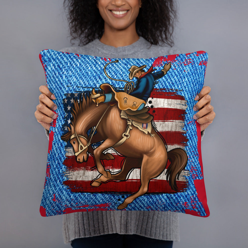 Denim Cowboy Flag Pillow - american flag, bronc, bronc rider, bronco, cowboy, flag, gift, home decor, pillow, rodeo, throw pillow -  - Baha Ranch Western Wear