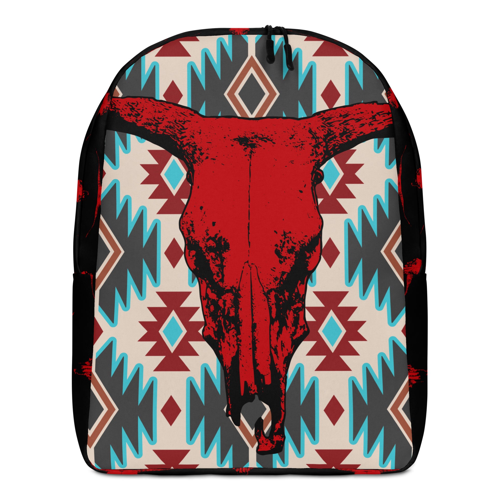 Aztec Red Bull Skull Minimalist Backpack - aztec print, back pack, backpack, bull, bull skull, gym, red bull skull, school, work, workout -  - Baha Ranch Western Wear