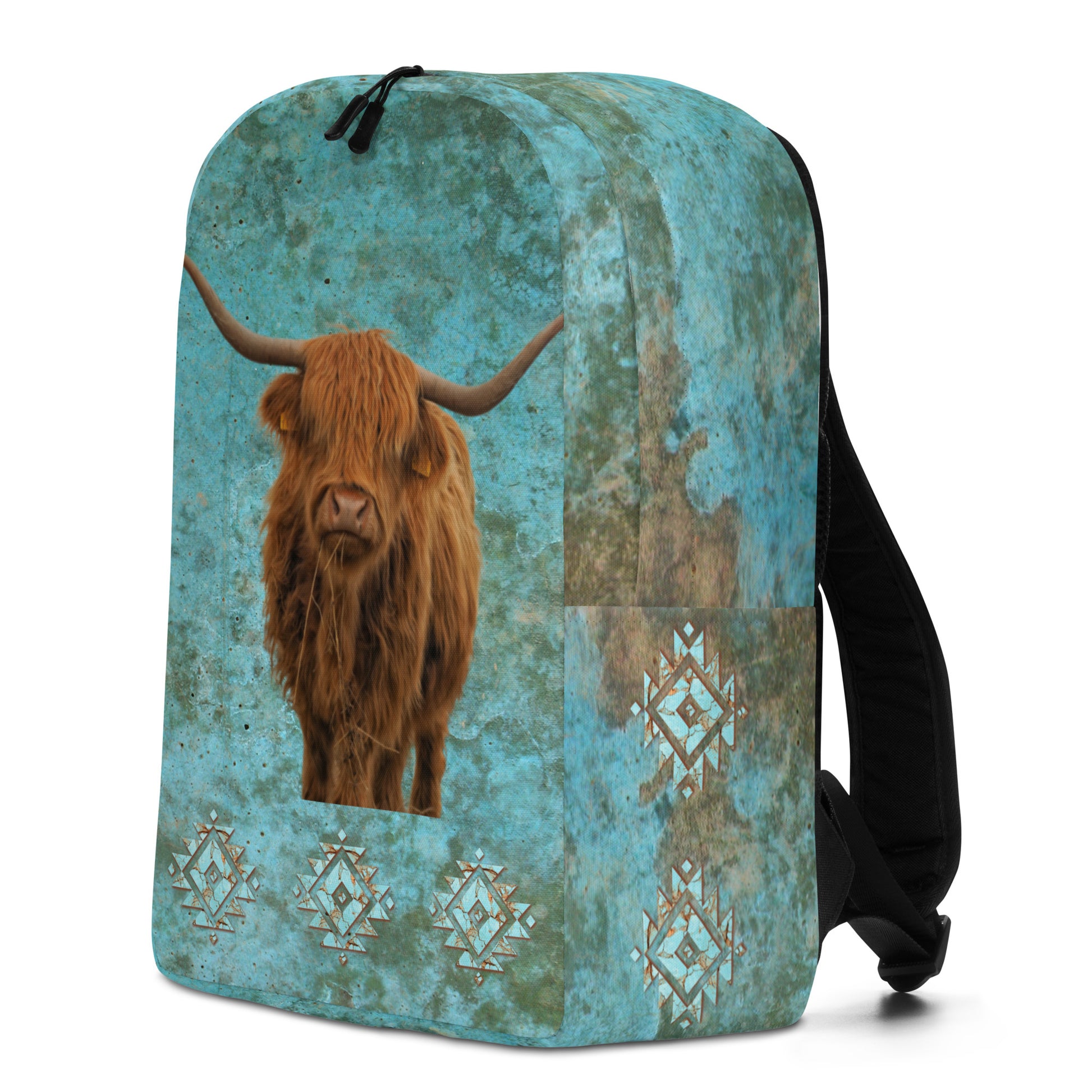 Turquoise Highland Cow Minimalist Backpack - back pack, backpack, hairy cow, highland, highland cow, minimalist, turquoise, turquoise print -  - Baha Ranch Western Wear