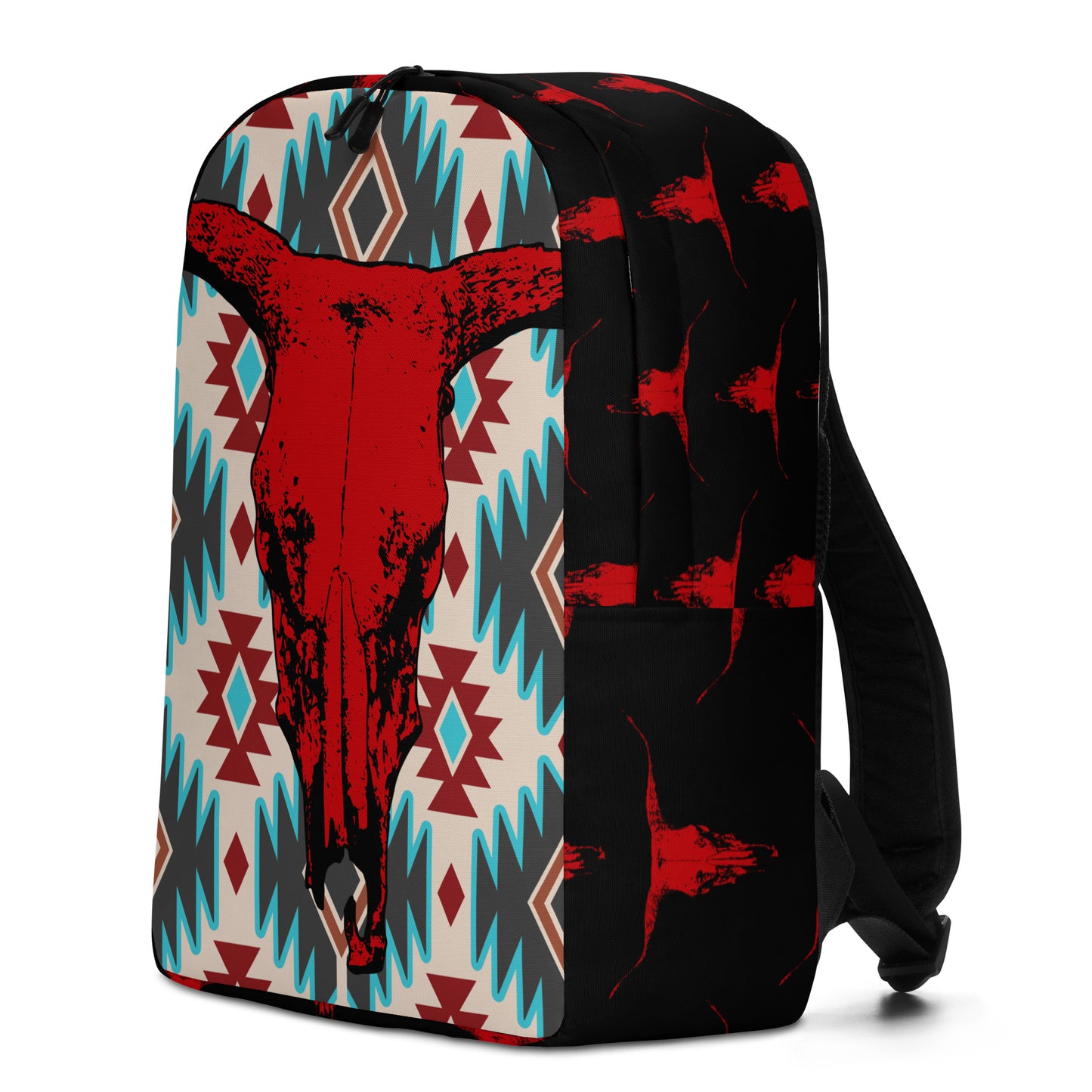 Aztec Red Bull Skull Minimalist Backpack - aztec print, back pack, backpack, bull, bull skull, gym, red bull skull, school, work, workout -  - Baha Ranch Western Wear