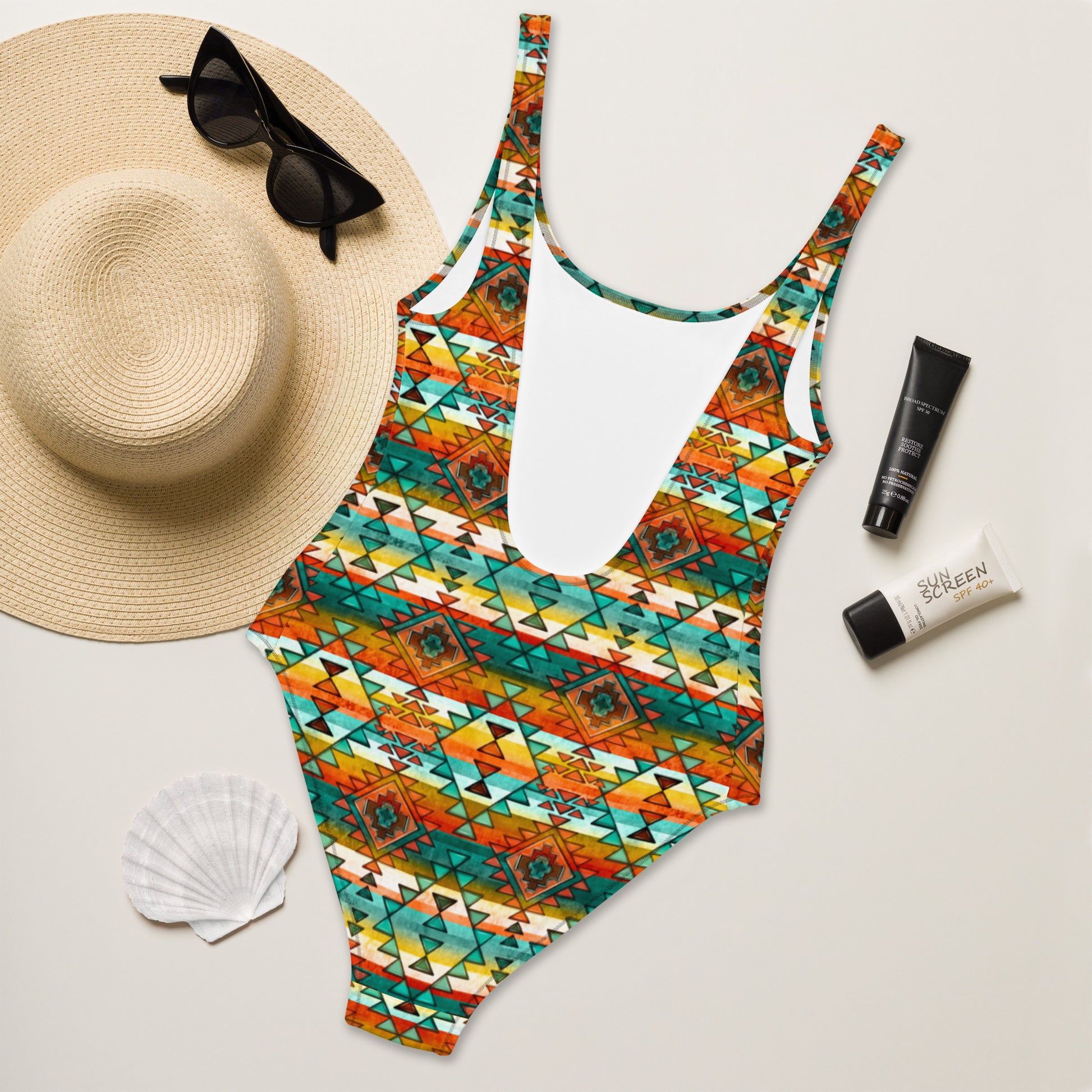 Yeehaw Mustard Aztec One-Piece Swimsuit - #onepiece, #op, aztec print, bikini, mustard, mustard aztec, swimming, western, yeehaw -  - Baha Ranch Western Wear