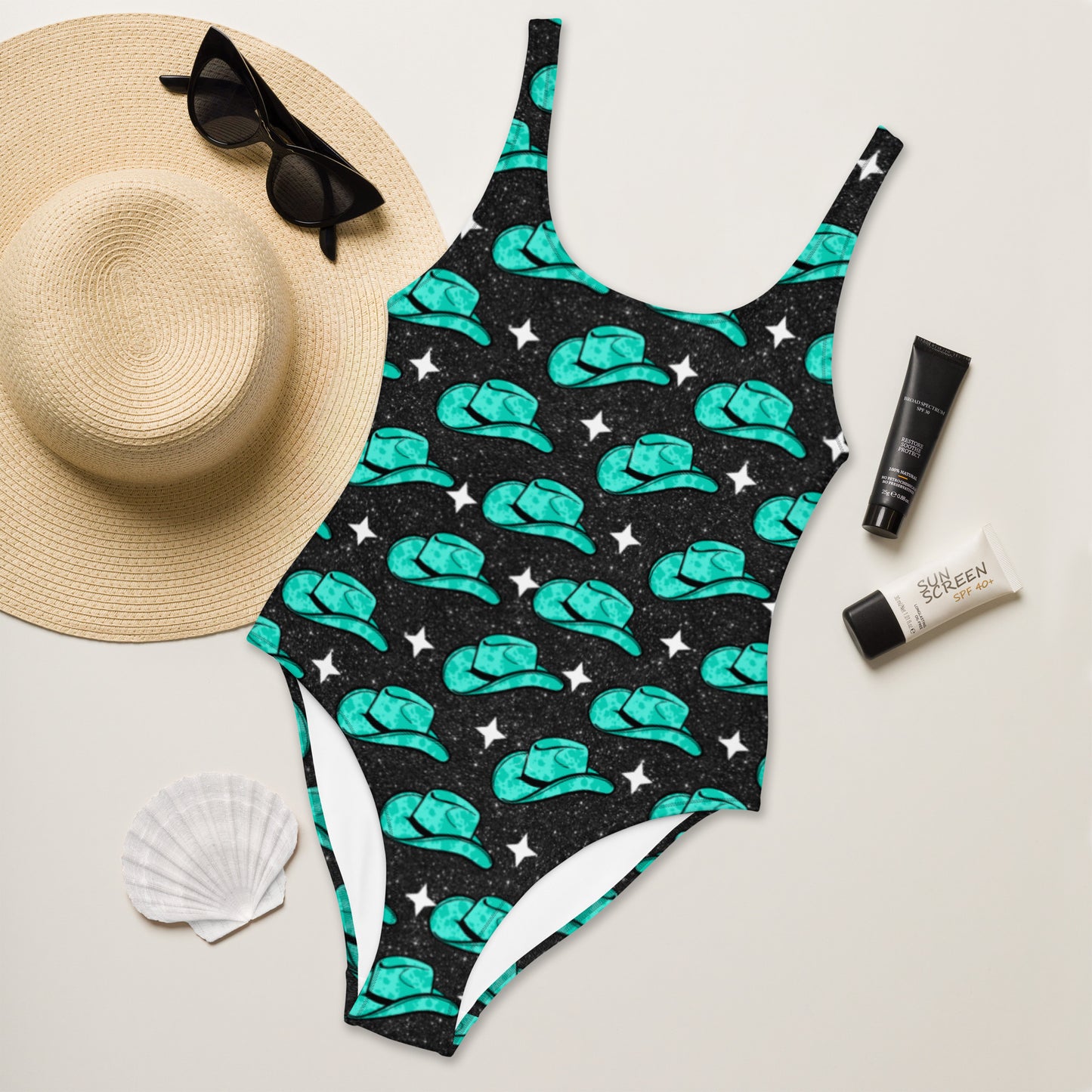 Yeehaw Turquoise Hat One-Piece Swimsuit - #op, cowboy hat, cowboyhat, hat, one piece, swim, swim suit, swim wear, swimming, turquoise hat -  - Baha Ranch Western Wear