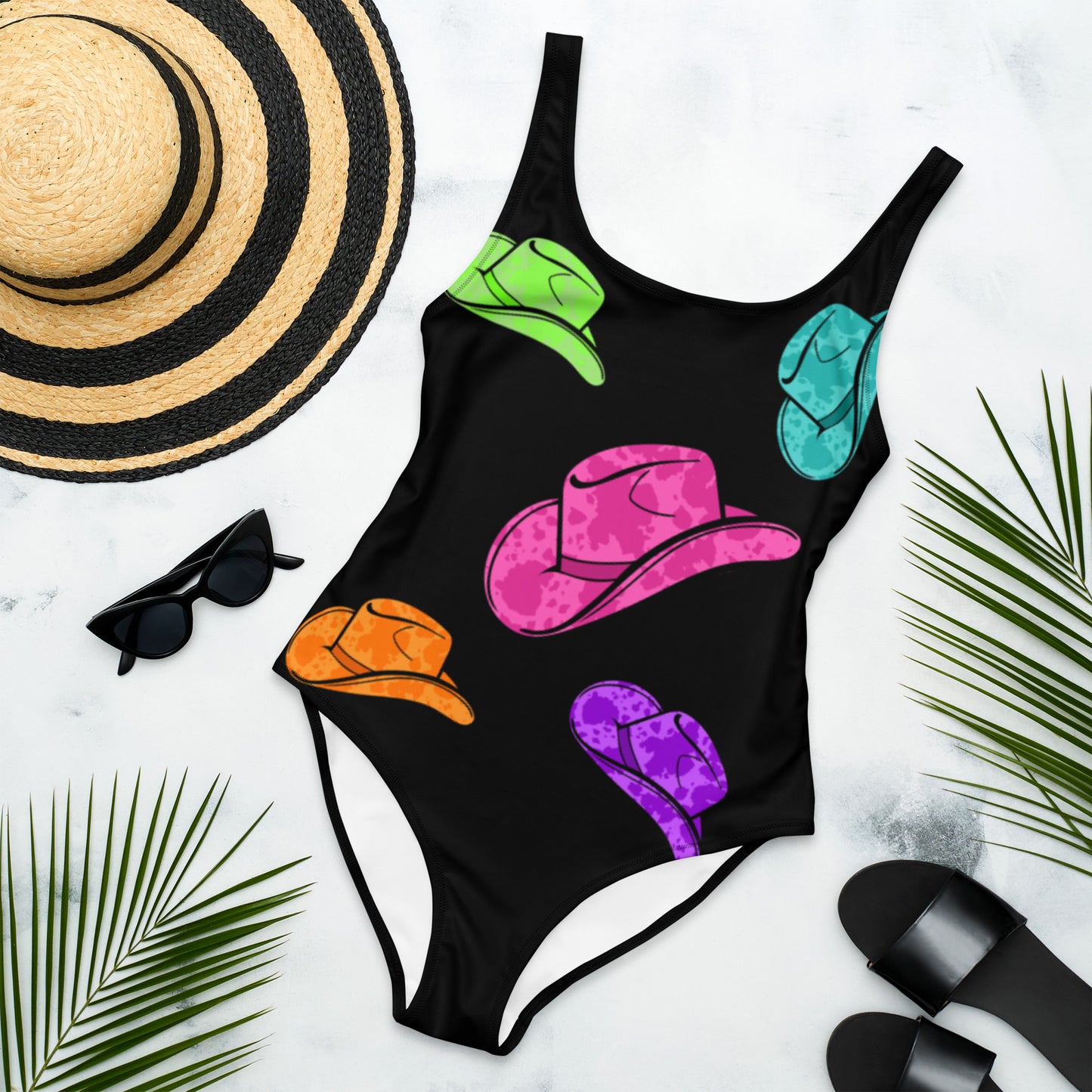 Yeehaw All Neon Hat One-Piece Swimsuit