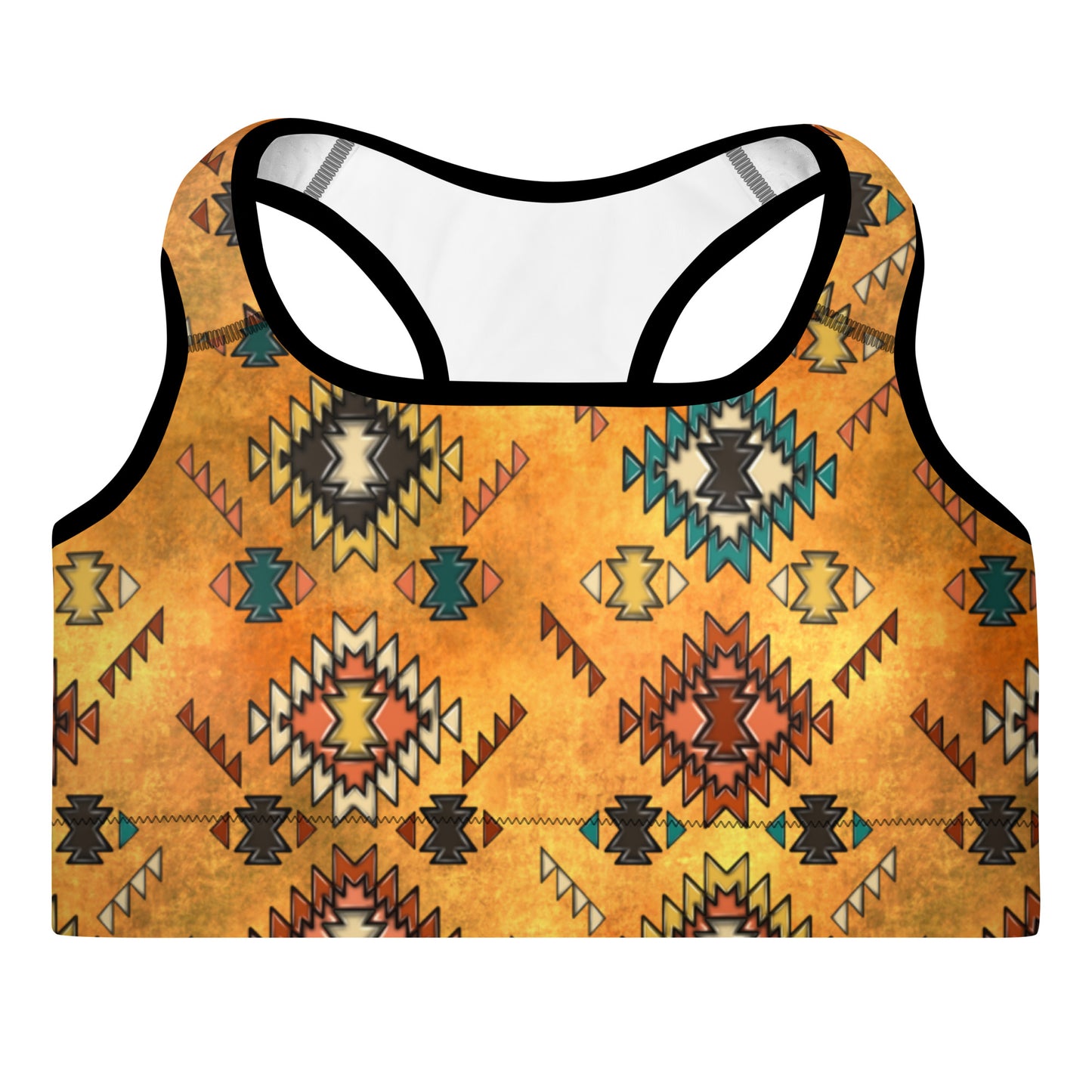 Golden Aztec Padded Sports Bra - aztec, aztec print, bra, gold, golden, gym, padded, padded sports bra, sports bra, western, western print, work out -  - Baha Ranch Western Wear