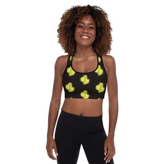 Green Neon Cactus Padded Sports Bra - bra, cactus print, green, neon, padded, padded bra, sports bra, work out, workout, yellow, yellow neon -  - Baha Ranch Western Wear