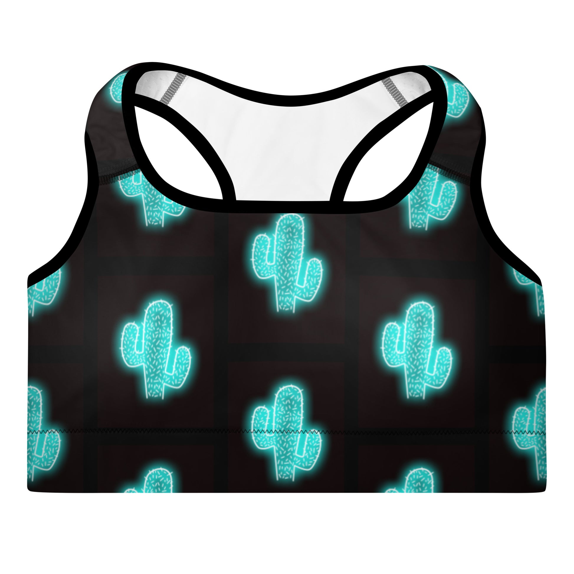 Turquoise Neon Cactus Padded Sports Bra - bra, cactus print, neon, padded, padded bra, sports bra, turquoise, turquoise neon, work out -  - Baha Ranch Western Wear