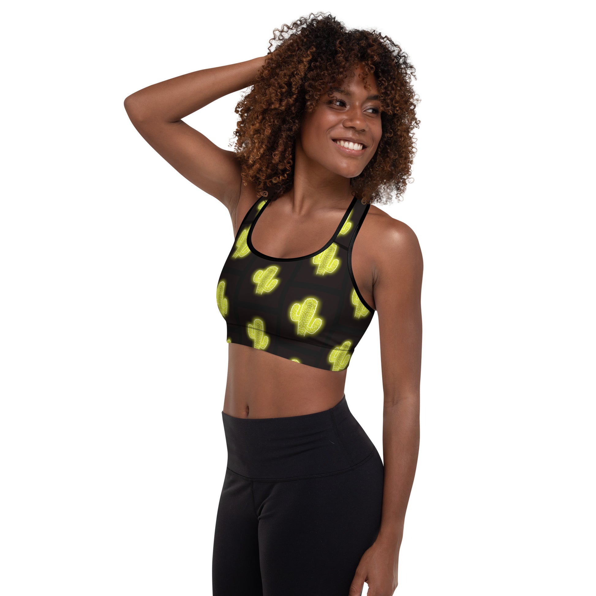 Green Neon Cactus Padded Sports Bra - bra, cactus print, green, neon, padded, padded bra, sports bra, work out, workout, yellow, yellow neon -  - Baha Ranch Western Wear