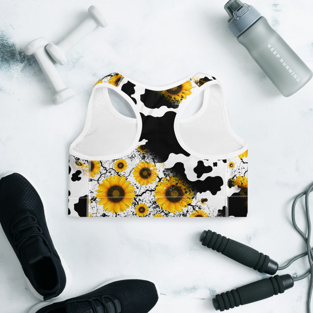 Cow Print Sunflower Sports Bra
