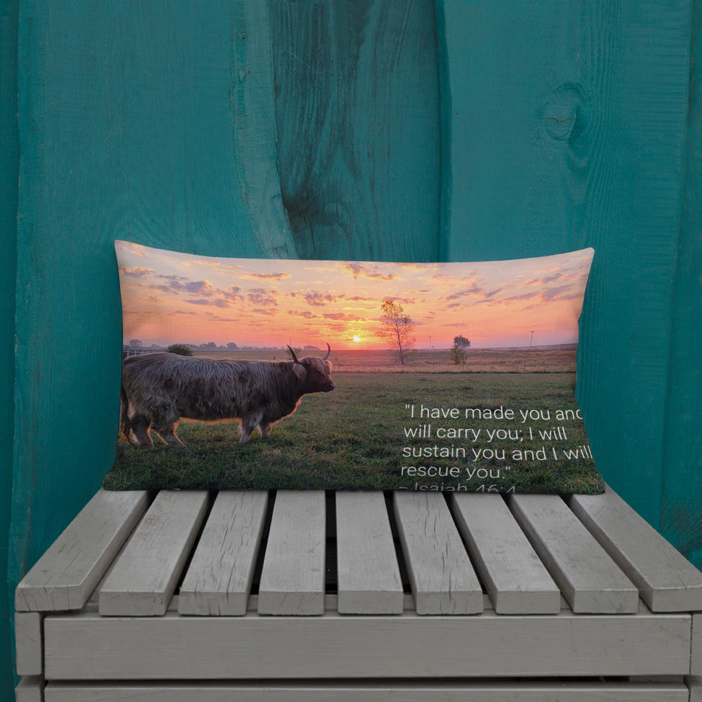 Highland Cow I Will Rescue You Premium Pillow - bible, bible verse, cow, highland, highland cows, morning, pillow, pillows, rescue, western -  - Baha Ranch Western Wear