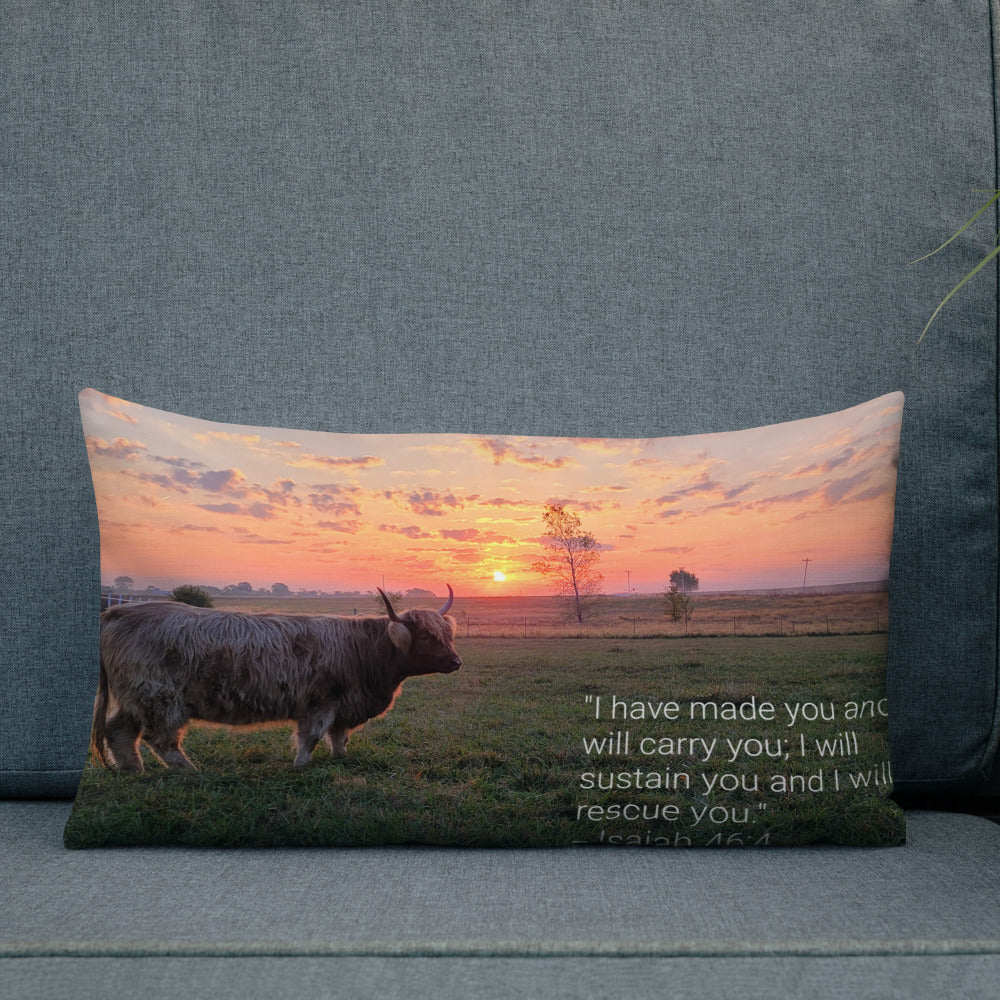 Highland Cow I Will Rescue You Premium Pillow - bible, bible verse, cow, highland, highland cows, morning, pillow, pillows, rescue, western -  - Baha Ranch Western Wear