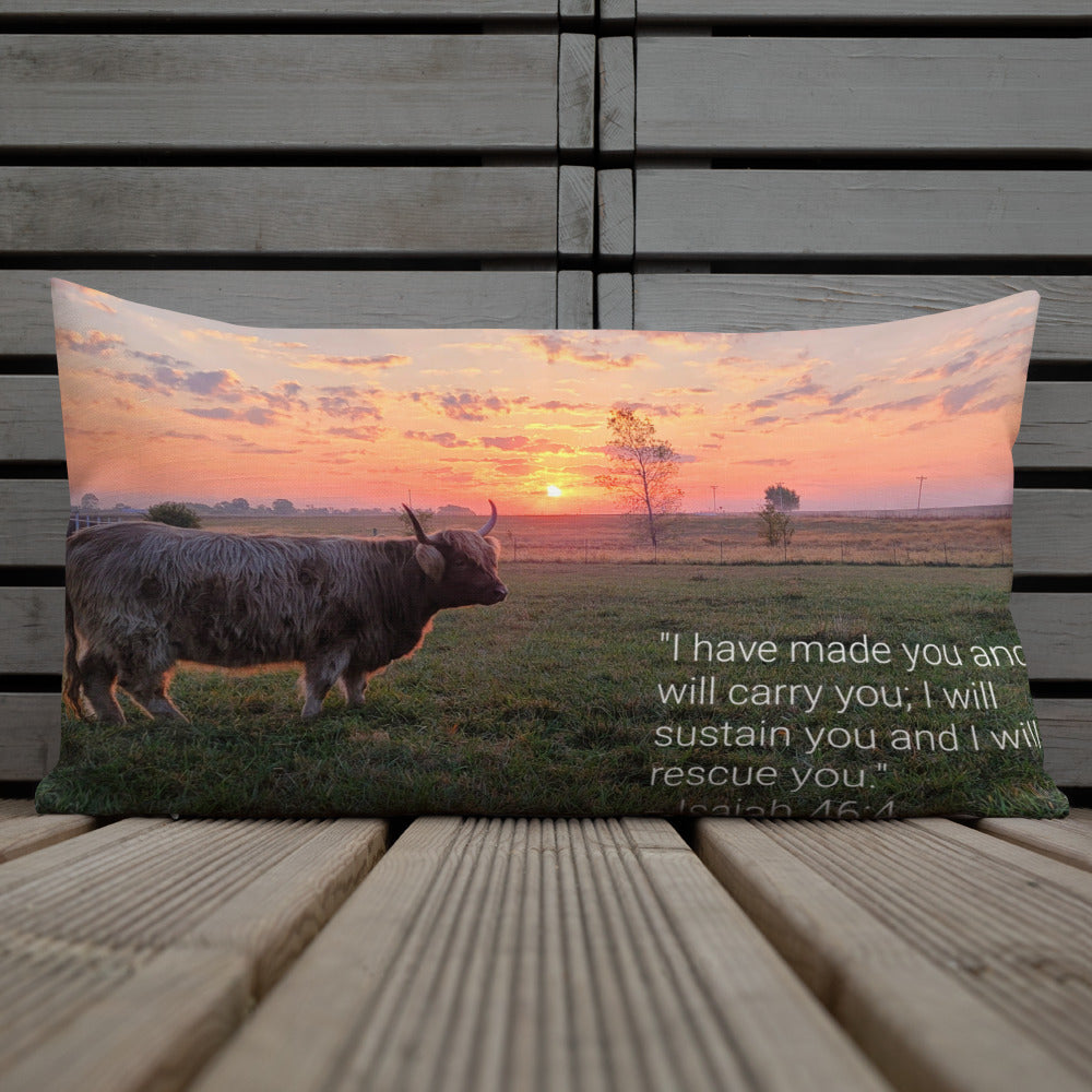 Highland Cow I Will Rescue You Premium Pillow - bible, bible verse, cow, highland, highland cows, morning, pillow, pillows, rescue, western -  - Baha Ranch Western Wear