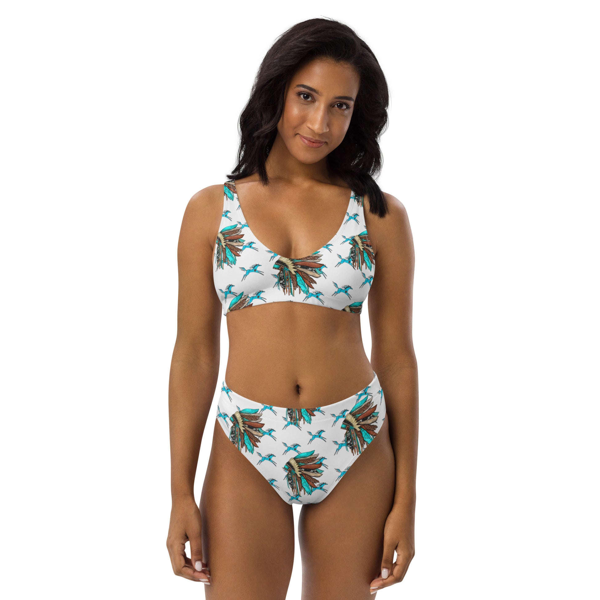 Yeehaw Turquoise Running Horse Head Dress Bikini Top, L Yeehaw Turquoise Running Horse Head Dress Bikini Top, L