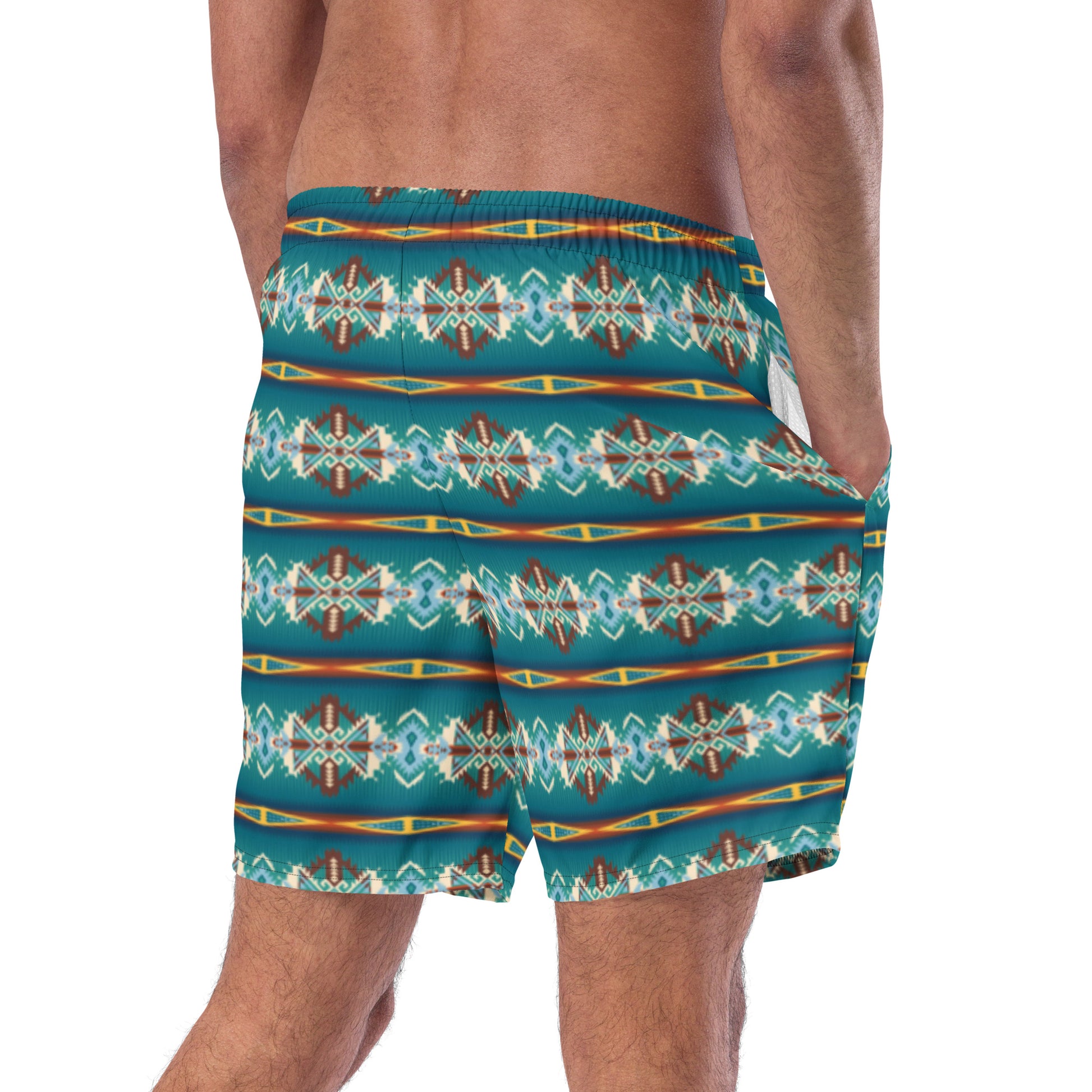 Teal Aztec Blanket Print Mens Swim Shorts - aztec print, swim, swim shorts, swim trunks, swim wear, swimming, swimshorts, teal, teal aztec, trunks, western -  - Baha Ranch Western Wear