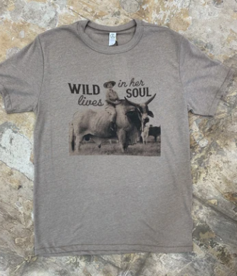 1136 WILD LIVES IN HER SOUL TEE - brahma, bull, cowgirl, graphic, longhorn, shirt, shirts, southwestern, t, tee, tees, western, wild -  - Baha Ranch Western Wear