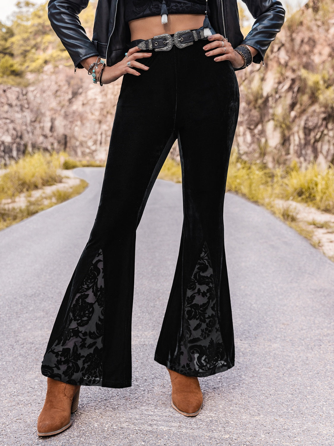 High Waist Flare Leg Pants with Lace Inset 30