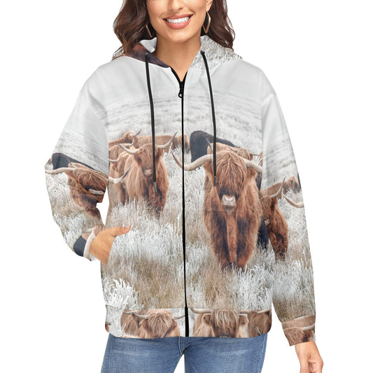 Highland Cow Herd Women's Fleece Lined Zip Up Hoodie
