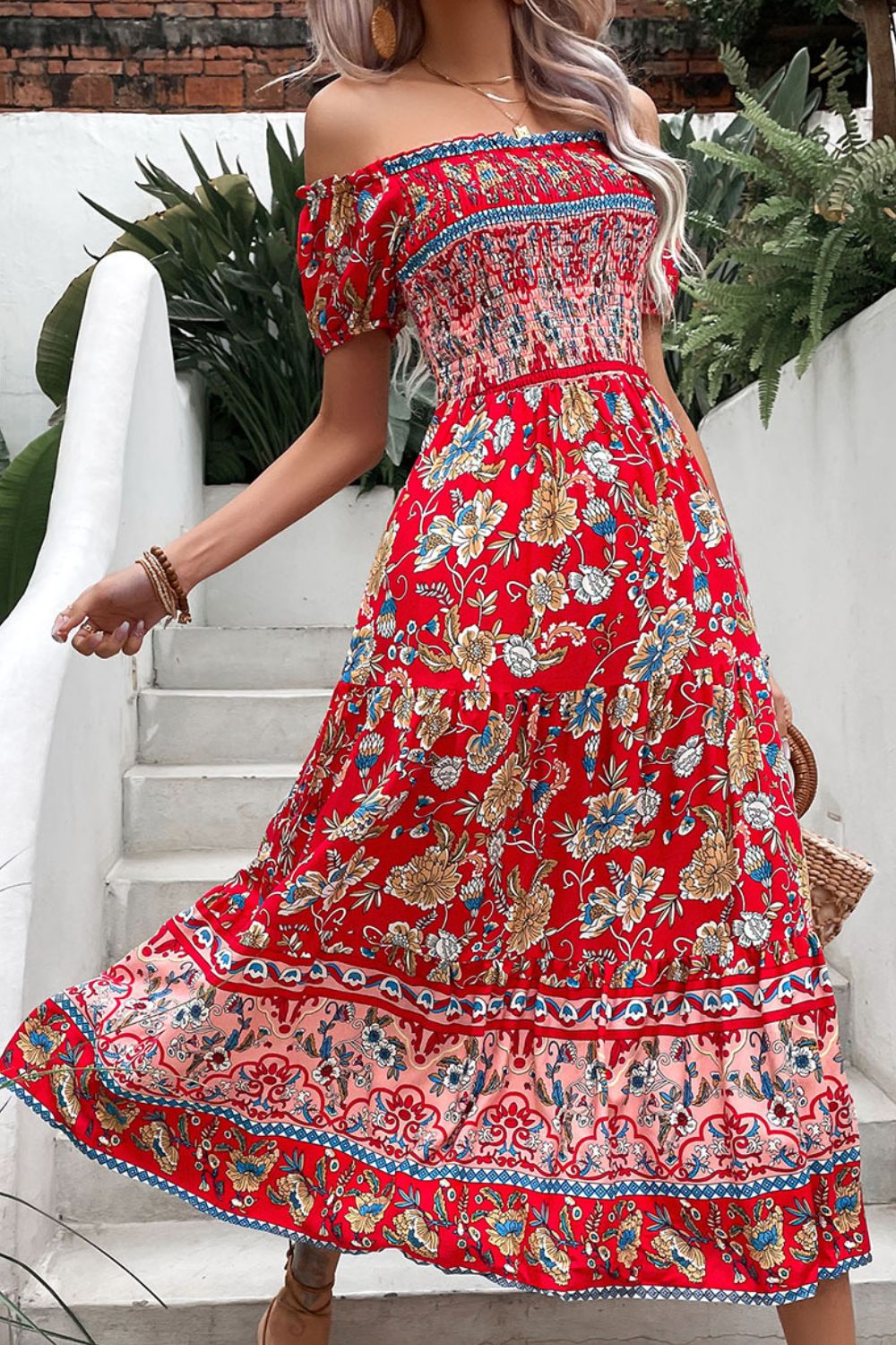 Floral Off-Shoulder Smocked Midi Dress