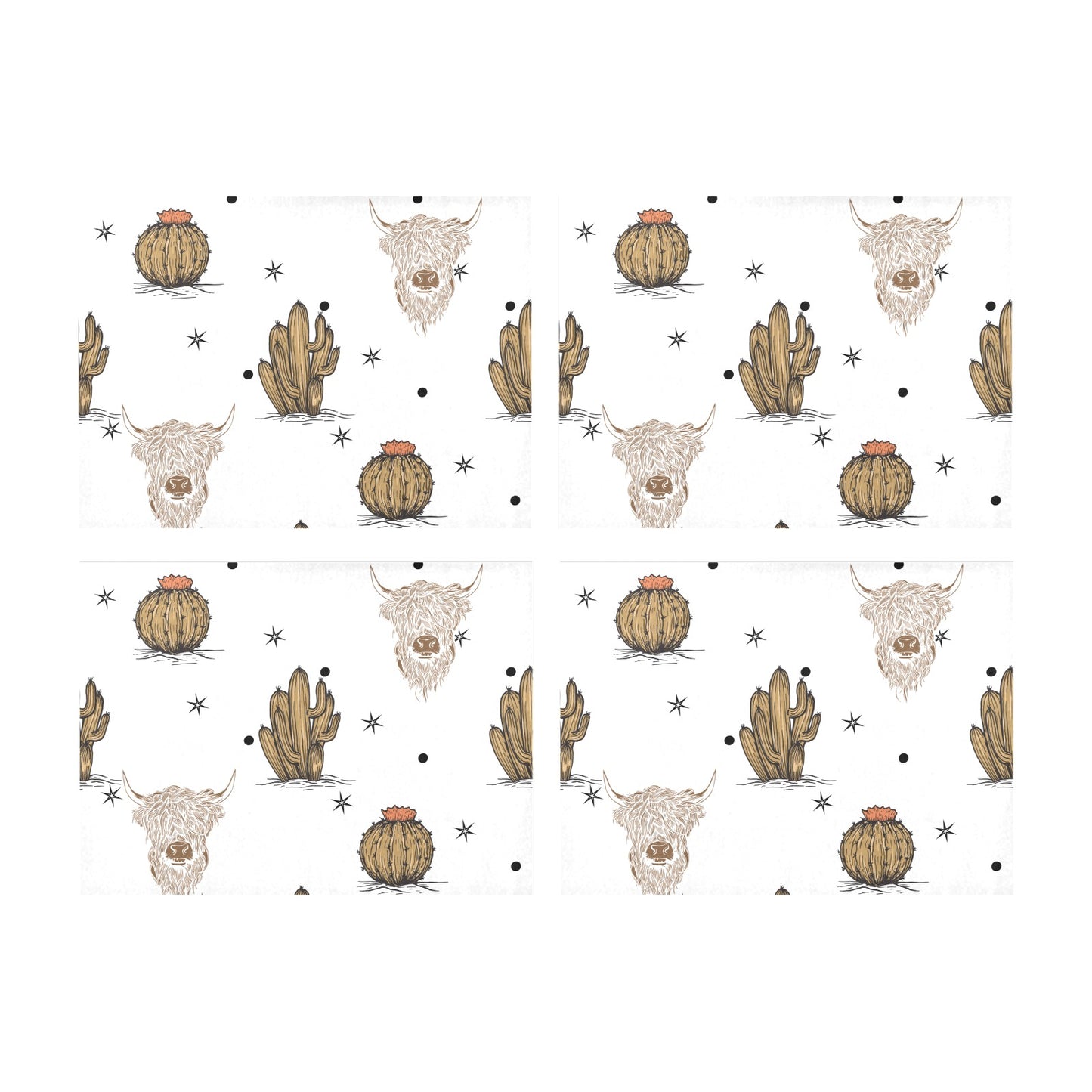Set of 4 Highland Cow Cactus Placemats 14" x 19"