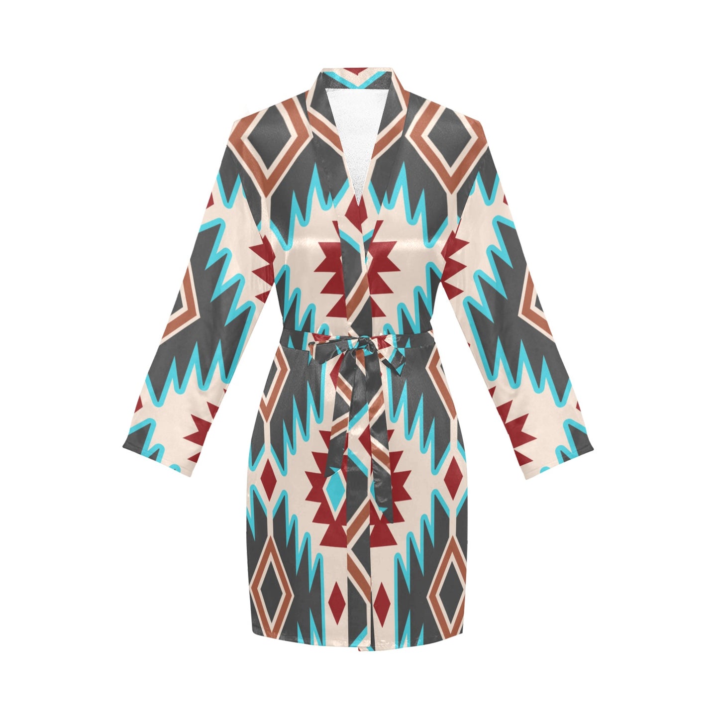 Turquoise Burgandy Aztec Women's Belted Satin Feel Dressing Lounge Robe