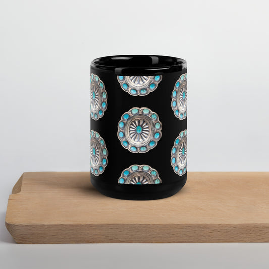 Turquoise Concho Black Glossy Mug - coffee, coffee cup, coffee mug, concho, mug, turquoise, turquoise concho, turquoise print, western print -  - Baha Ranch Western Wear