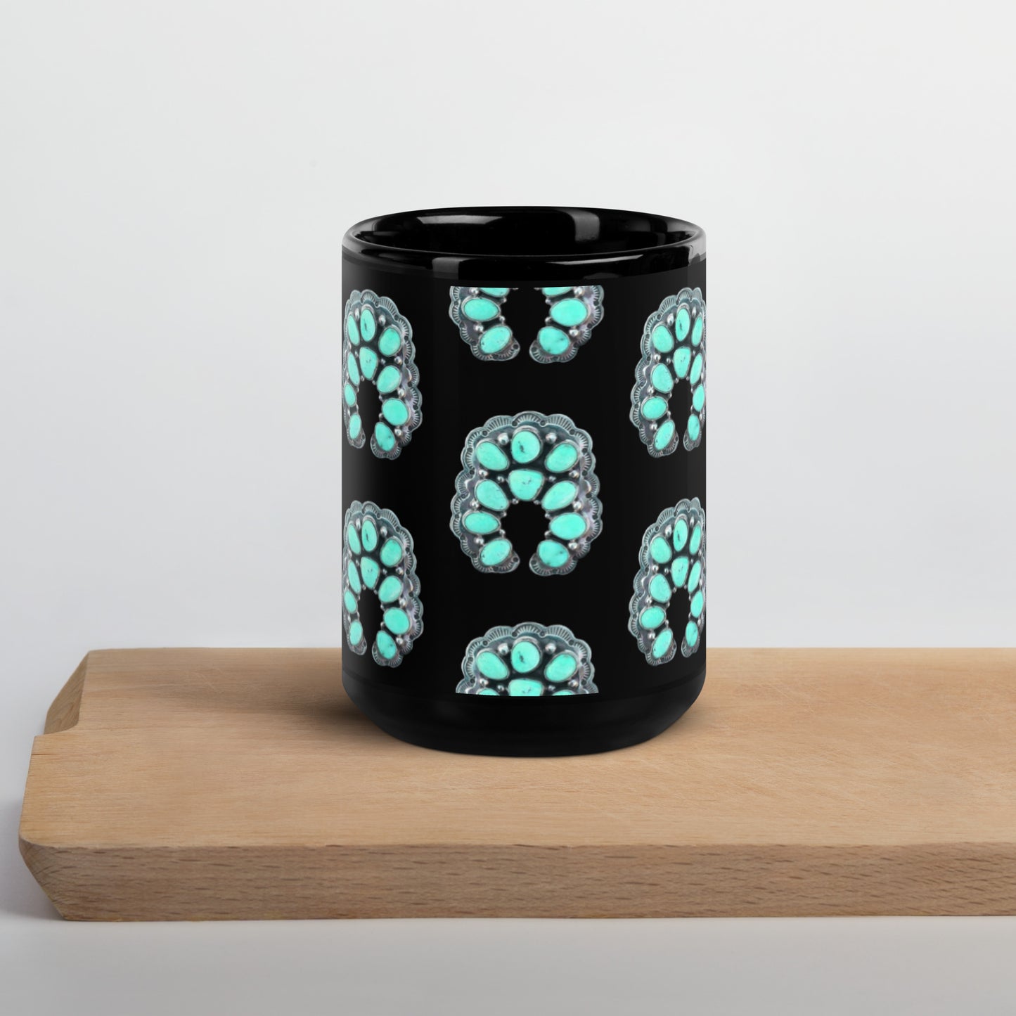 Turquoise Naja Black Glossy Mug - coffee, coffee cup, coffee mug, concho, mug, tuquoise, turquoise, turquoise concho, turquoise naja, turquoise print, western print -  - Baha Ranch Western Wear