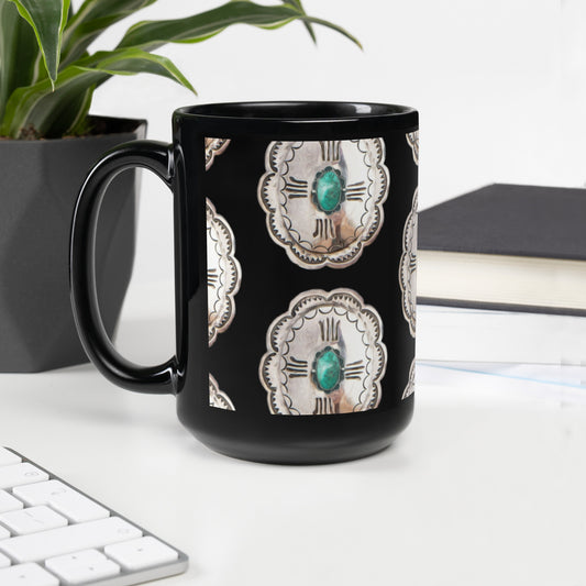 Turquoise Concho Black Glossy Mug - coffee, coffee cup, coffee mug, concho, mug, turquoise, turquoise concho, turquoise print, western print -  - Baha Ranch Western Wear