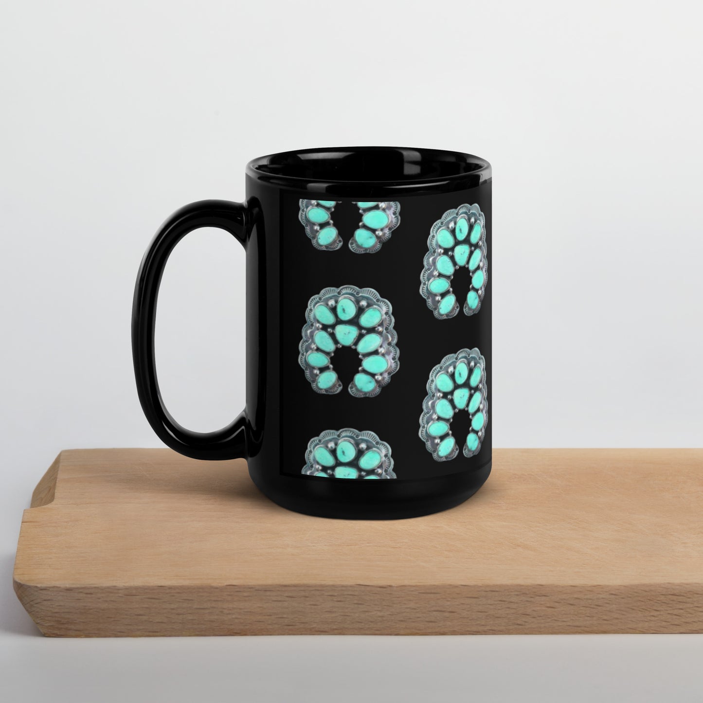 Turquoise Naja Black Glossy Mug - coffee, coffee cup, coffee mug, concho, mug, tuquoise, turquoise, turquoise concho, turquoise naja, turquoise print, western print -  - Baha Ranch Western Wear