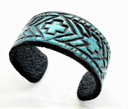 Turquoise Block Print Cuff - aztec, bracelet, cross, cuff, jewelry, leatherlook, made in the usa, MADEINUSA, madeinusajewelry, Printed in USA, southwestern, usa, usa made, USAMADE, vegan -  - Baha Ranch Western Wear