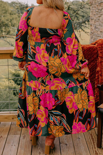 Plus size Floral Square Neck Balloon Sleeve Dress