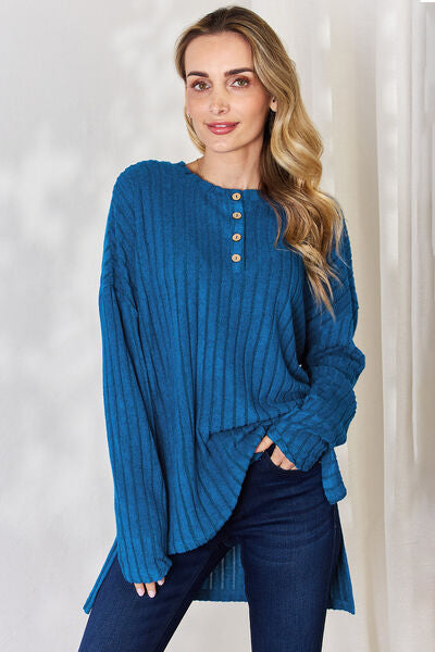 Basic Bae Full Size Ribbed Half Button Long Sleeve High-Low Tunic choice of colors