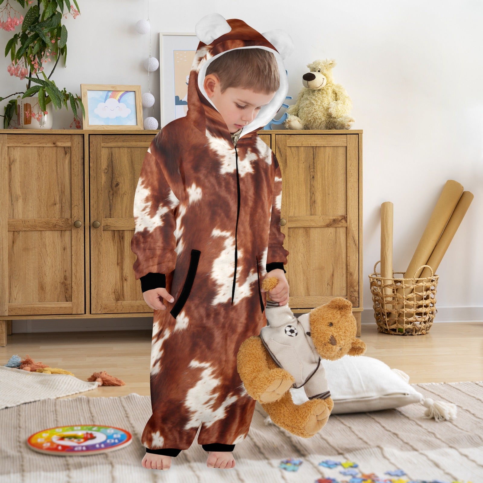 Cow Print Young Kids Pajama Hooded Onesie Baha Ranch Western Wear