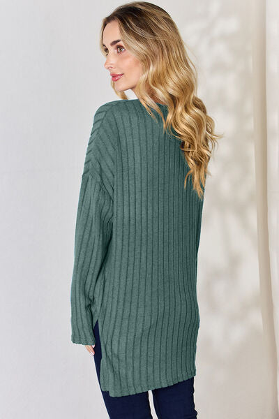 Basic Bae Full Size Ribbed Half Button Long Sleeve High-Low Tunic choice of colors