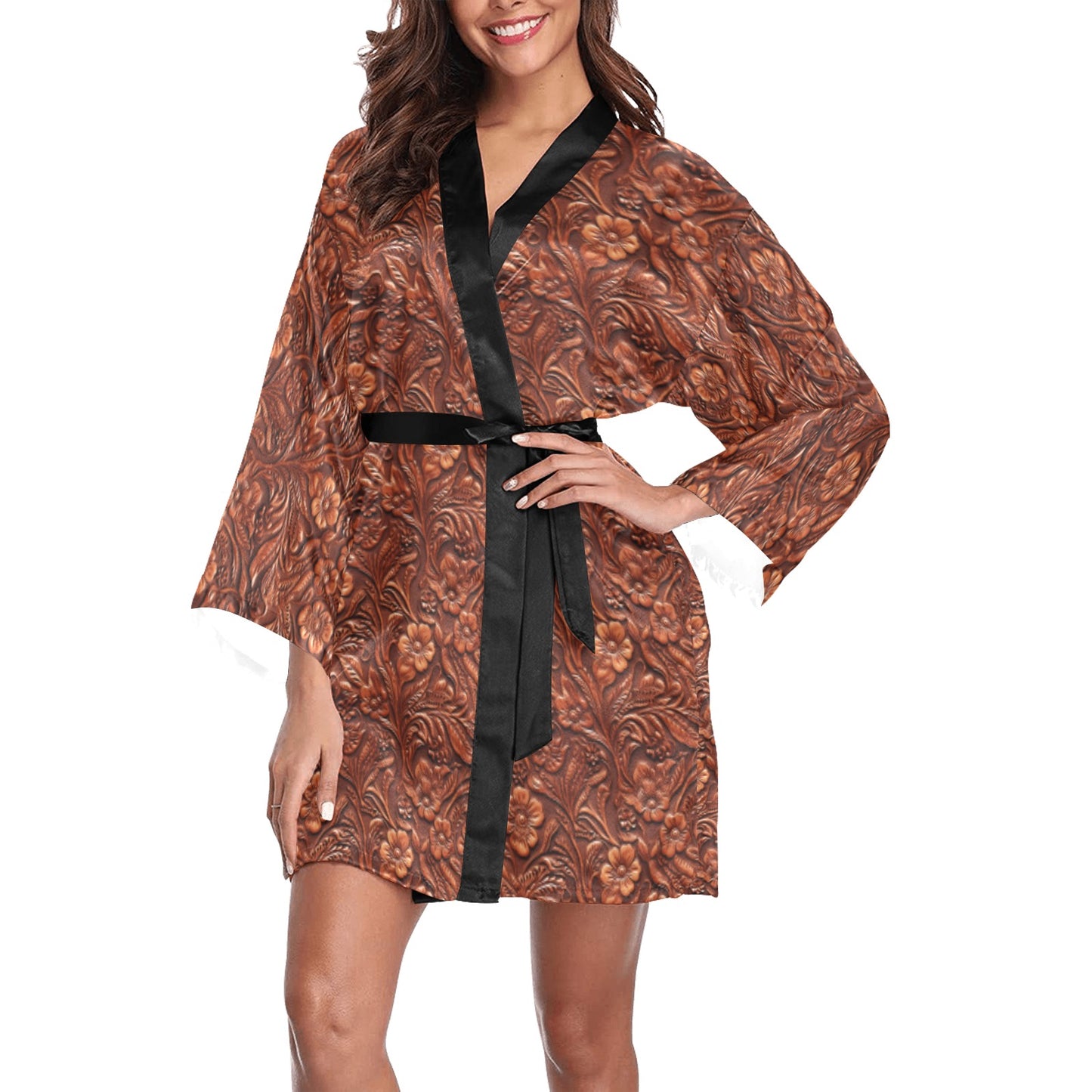 Tooled Leather Print Women's Lounge Kimono Robe